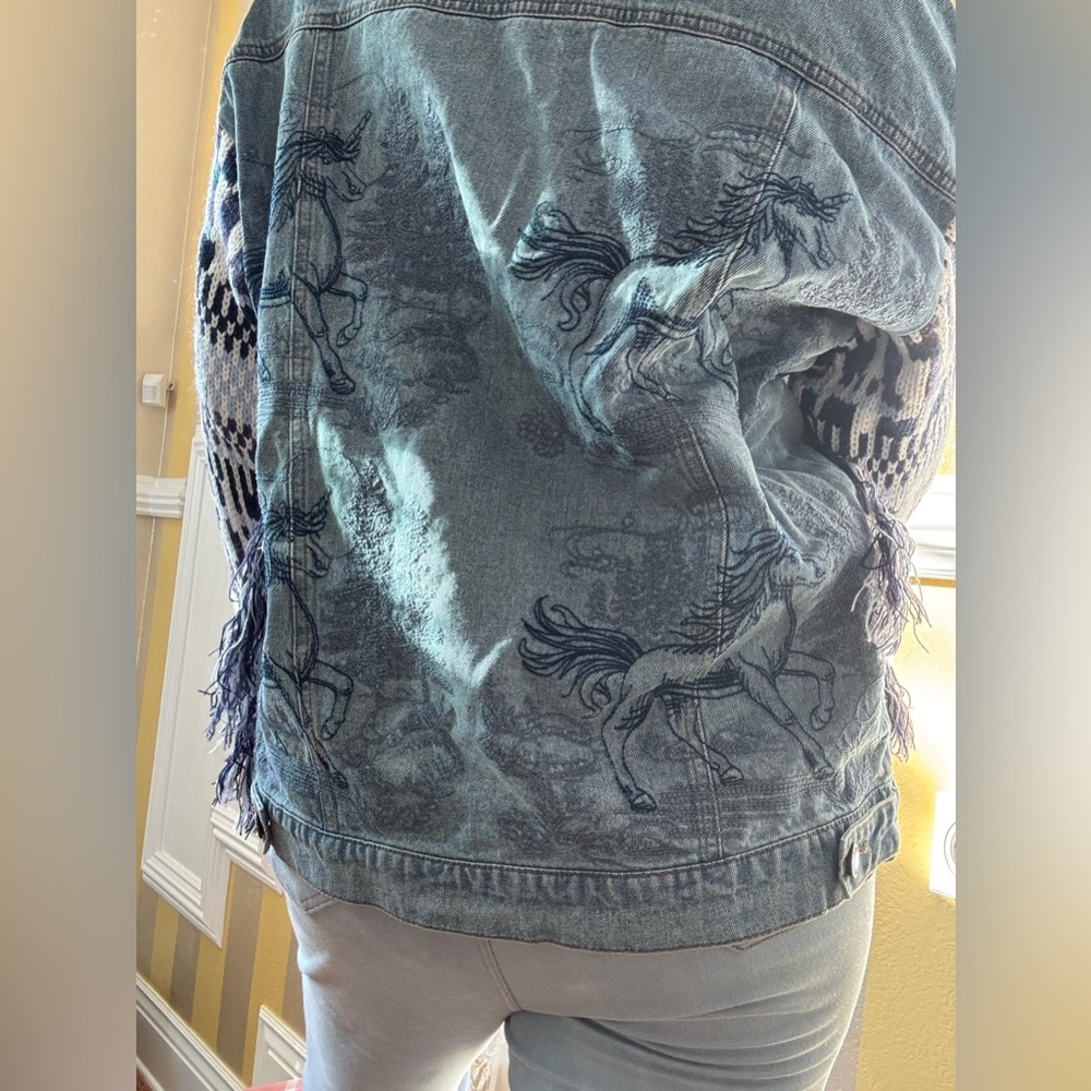 Denim Jacket with Knit Sleeves and Fringe - Picture 7 of 9